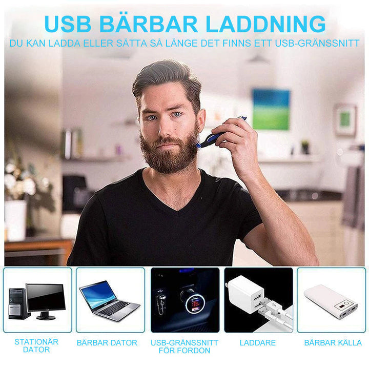 "Rakapparat för män med USB-laddning, kromfinish, dubbelsidigt blad, LED-ljus, perfekt för trimning och rakning."