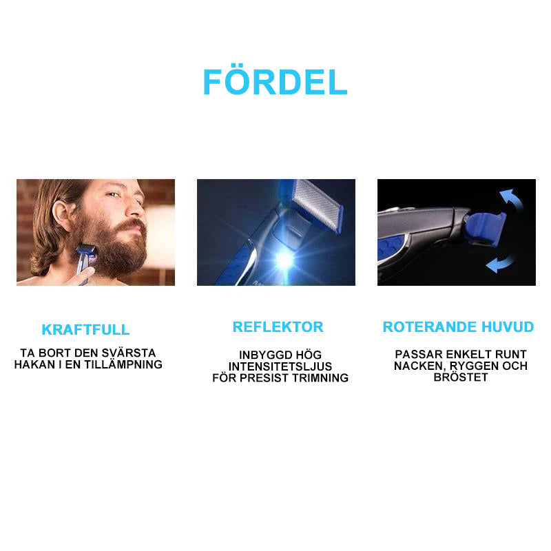 "Rakapparat för män med USB-laddning, kromfinish, dubbelsidigt blad, LED-ljus, perfekt för trimning och rakning."