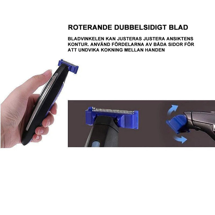 "Rakapparat för män med USB-laddning, kromfinish, dubbelsidigt blad, LED-ljus, perfekt för trimning och rakning."