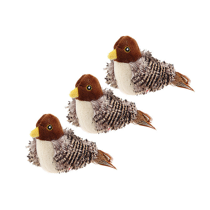 "Realistisk fågelleksak för katter med äkta fjädrar och ljudstimuli, perfekt för att hålla katten aktiv och nyfiken."