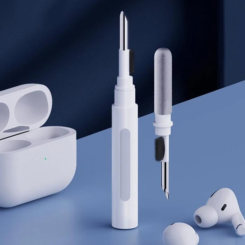 "Rengöringspenna för Bluetooth-öronsnäckor med mikrofiberborste, vit plast, kompakt och bärbar design för noggrann rengöring.