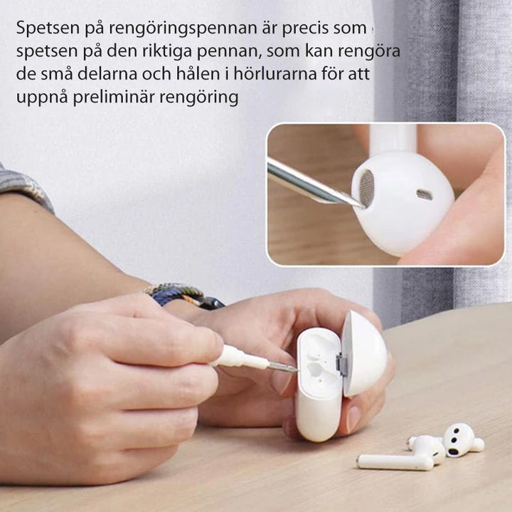 "Rengöringspenna för Bluetooth-öronsnäckor med mikrofiberborste, vit plast, kompakt och bärbar design för noggrann rengöring.