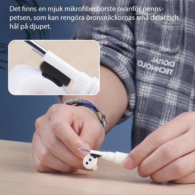 "Rengöringspenna för Bluetooth-öronsnäckor med mikrofiberborste, vit plast, kompakt och bärbar design för noggrann rengöring.