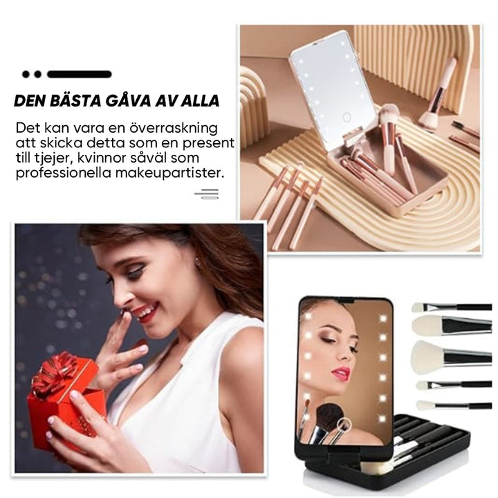 "Resesminkborstar med LED-spegel, kompakt svart väska, syntetiska borst, enkel applikation för perfekt look."