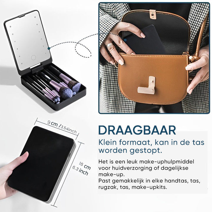 "Resesminkborstar med LED-spegel, kompakt svart väska, syntetiska borst, enkel applikation för perfekt look."