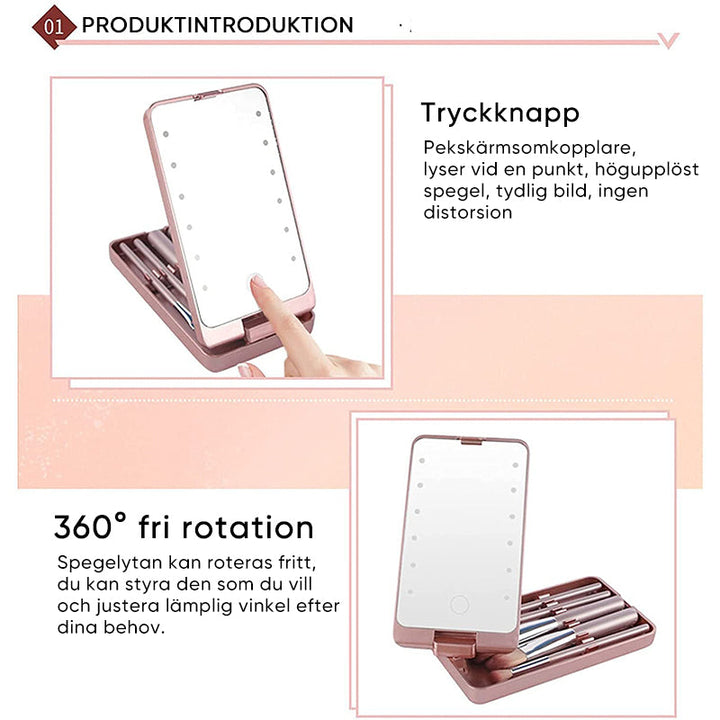 "Resesminkborstar med LED-spegel, kompakt svart väska, syntetiska borst, enkel applikation för perfekt look."