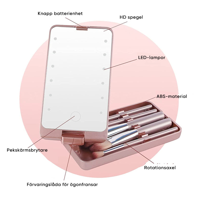 "Resesminkborstar med LED-spegel, kompakt svart väska, syntetiska borst, enkel applikation för perfekt look."
