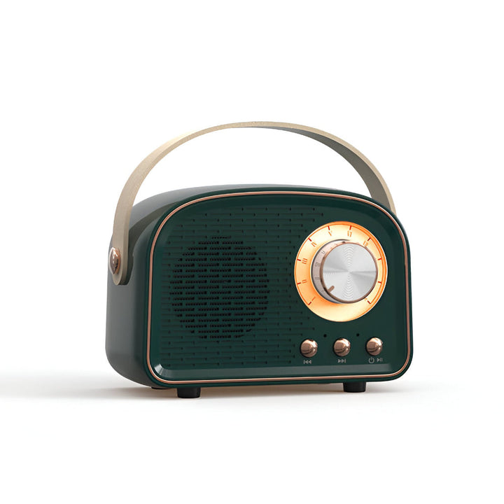 "Retro Bluetooth-högtalare, vintage design, radioform, stilfull plast och trästruktur, ljusgrön färg, trådlöst ljud."