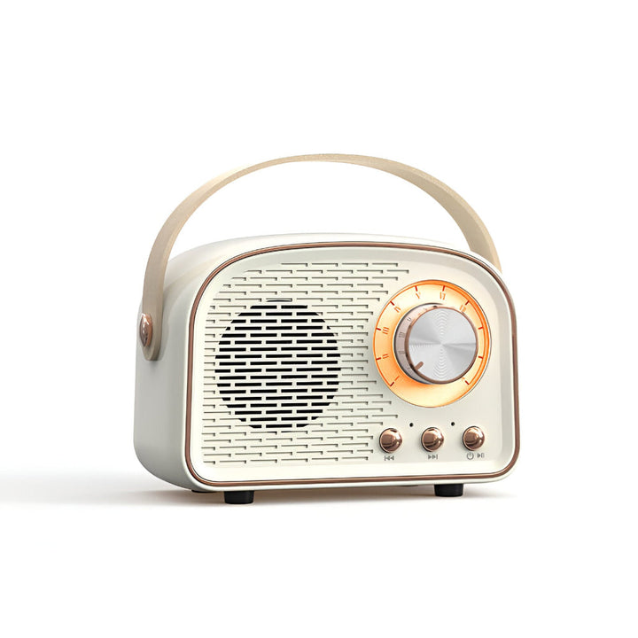 "Retro Bluetooth-högtalare, vintage design, radioform, stilfull plast och trästruktur, ljusgrön färg, trådlöst ljud."