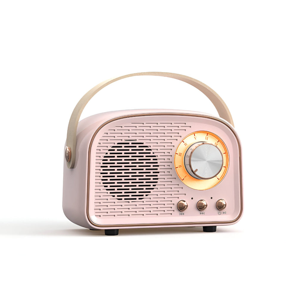 "Retro Bluetooth-högtalare, vintage design, radioform, stilfull plast och trästruktur, ljusgrön färg, trådlöst ljud."