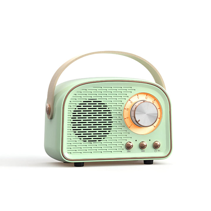 "Retro Bluetooth-högtalare, vintage design, radioform, stilfull plast och trästruktur, ljusgrön färg, trådlöst ljud."