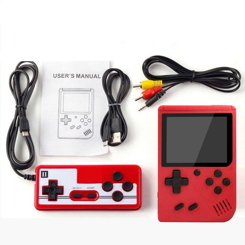 "Retro handhållen spelkonsol med 400 spel, kompakt design, bärbar, svart färg, perfekt för resor och spelnostalgi."