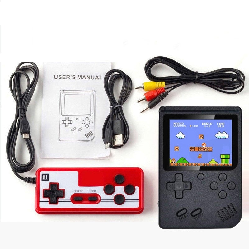 "Retro handhållen spelkonsol med 400 spel, kompakt design, bärbar, svart färg, perfekt för resor och spelnostalgi."