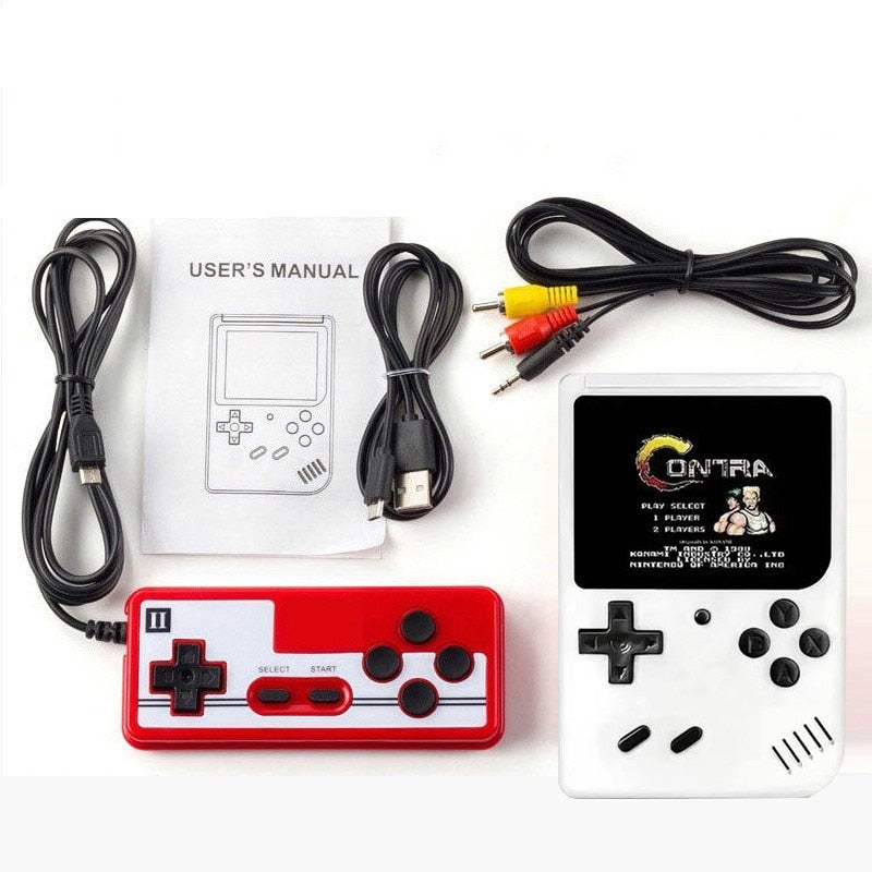 "Retro handhållen spelkonsol med 400 spel, kompakt design, bärbar, svart färg, perfekt för resor och spelnostalgi."