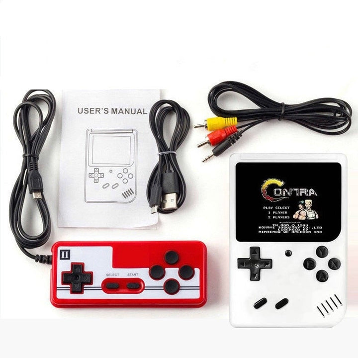 "Retro handhållen spelkonsol med 400 spel, kompakt design, bärbar, svart färg, perfekt för resor och spelnostalgi."
