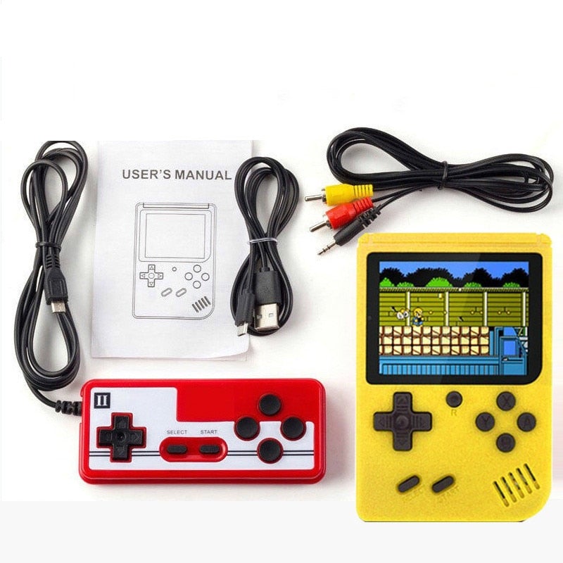 "Retro handhållen spelkonsol med 400 spel, kompakt design, bärbar, svart färg, perfekt för resor och spelnostalgi."
