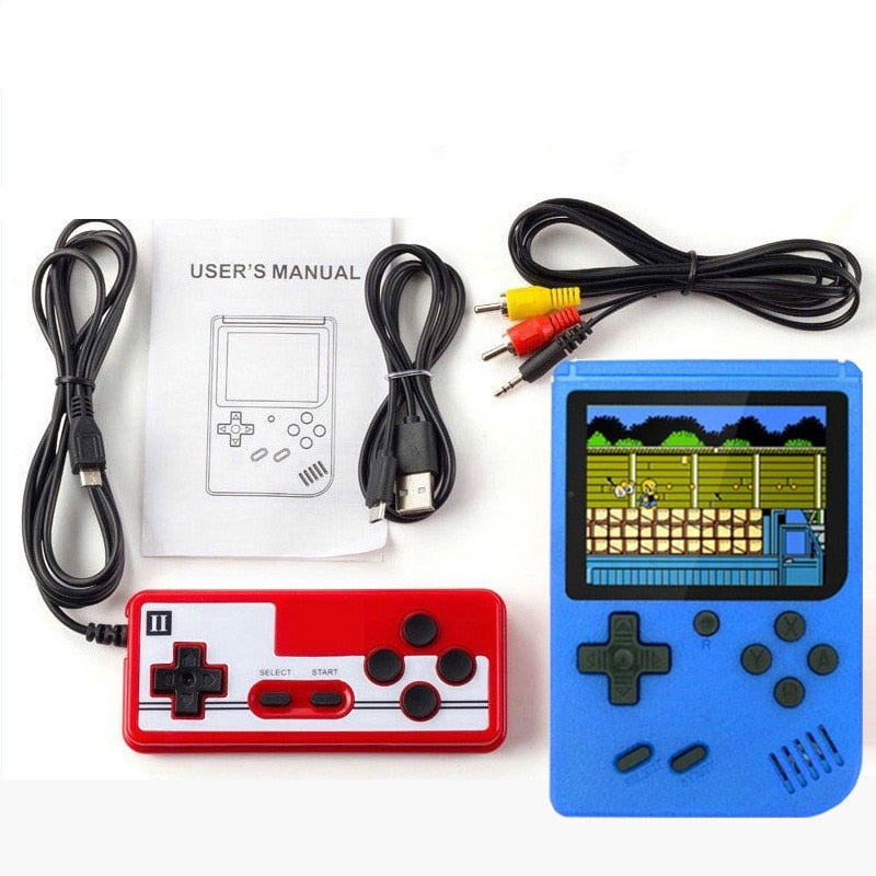 "Retro handhållen spelkonsol med 400 spel, kompakt design, bärbar, svart färg, perfekt för resor och spelnostalgi."