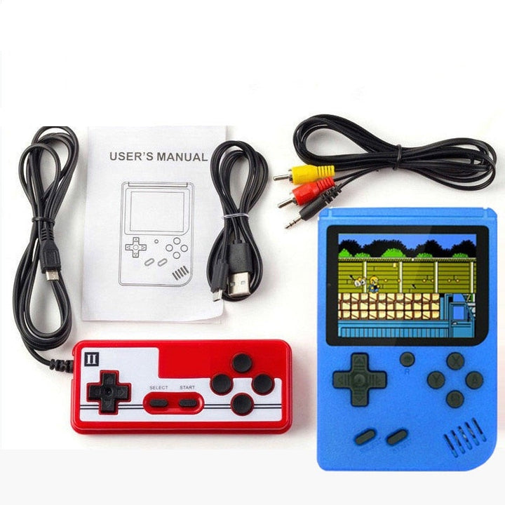 "Retro handhållen spelkonsol med 400 spel, kompakt design, bärbar, svart färg, perfekt för resor och spelnostalgi."