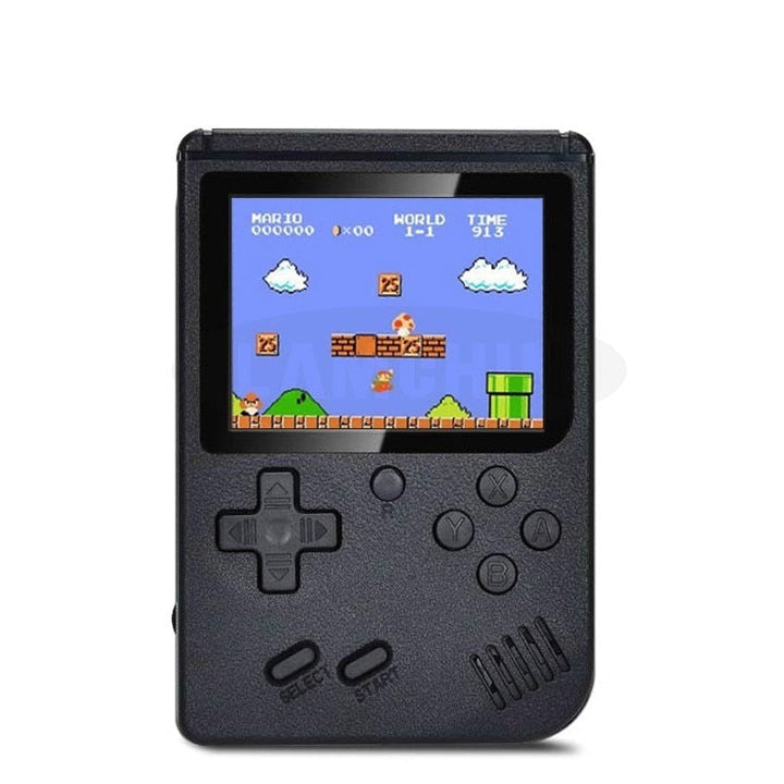 "Retro handhållen spelkonsol med 400 spel, kompakt design, bärbar, svart färg, perfekt för resor och spelnostalgi."