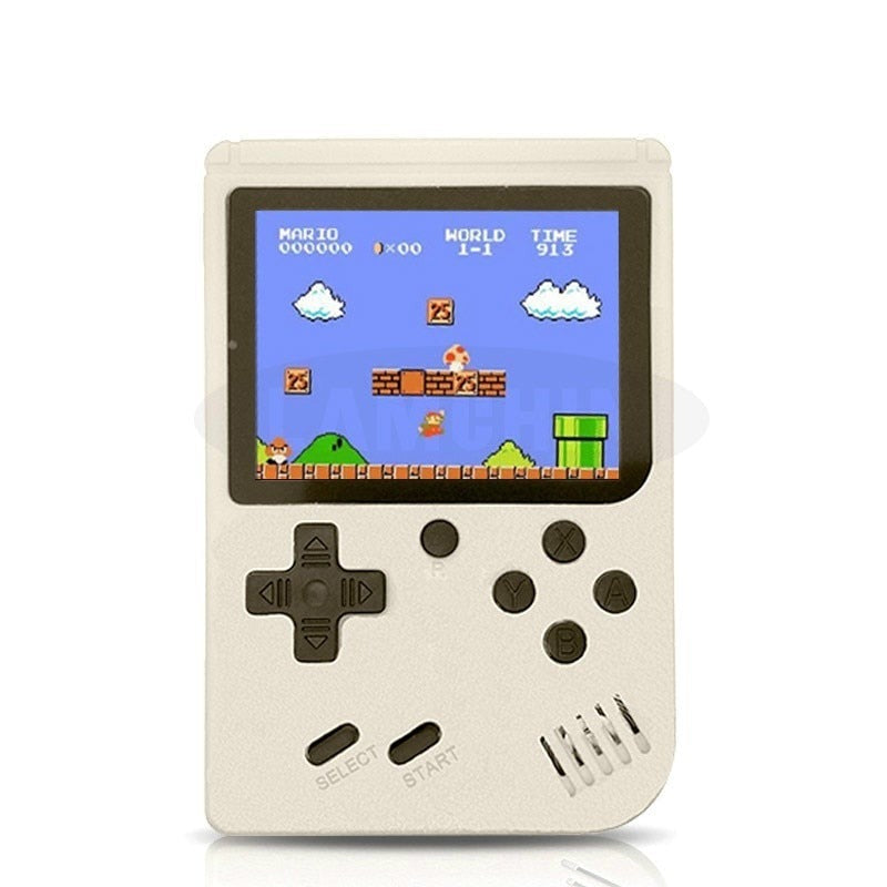 "Retro handhållen spelkonsol med 400 spel, kompakt design, bärbar, svart färg, perfekt för resor och spelnostalgi."