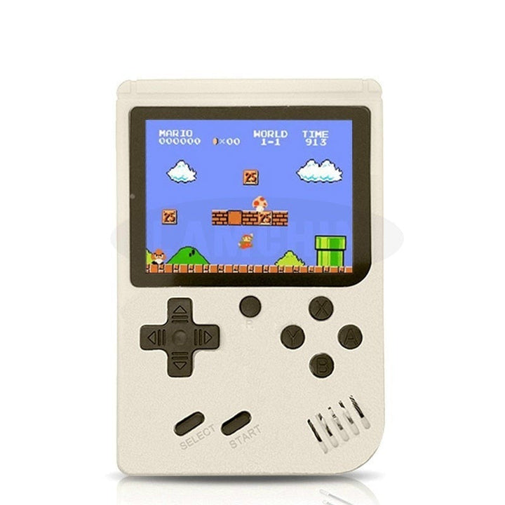 "Retro handhållen spelkonsol med 400 spel, kompakt design, bärbar, svart färg, perfekt för resor och spelnostalgi."