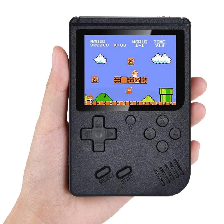 "Retro handhållen spelkonsol med 400 spel, kompakt design, bärbar, svart färg, perfekt för resor och spelnostalgi."