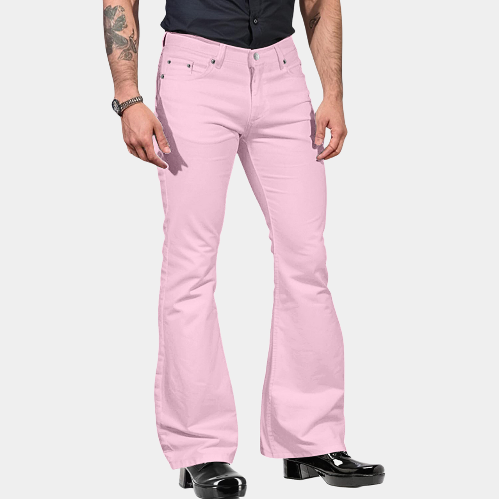 "Retro herr flare byxor i klassisk passform med utsvängda ben, visar elegans och stil för en djärv look."