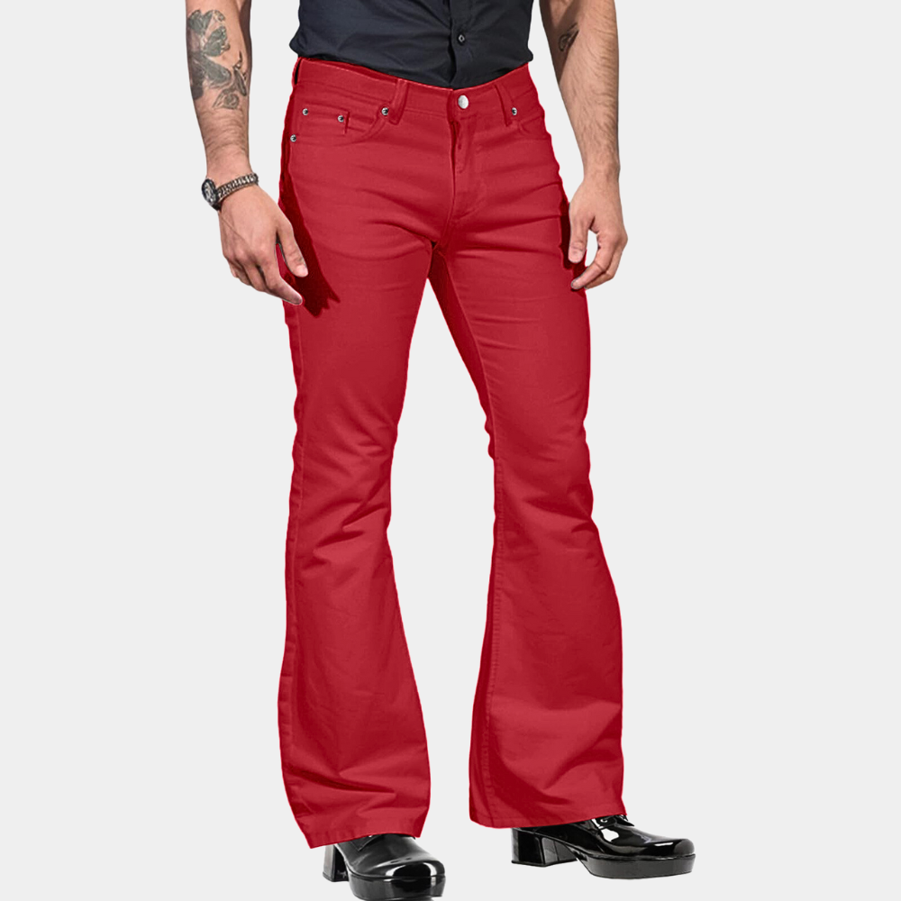 "Retro herr flare byxor i klassisk passform med utsvängda ben, visar elegans och stil för en djärv look."
