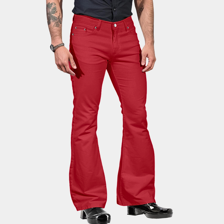 "Retro herr flare byxor i klassisk passform med utsvängda ben, visar elegans och stil för en djärv look."