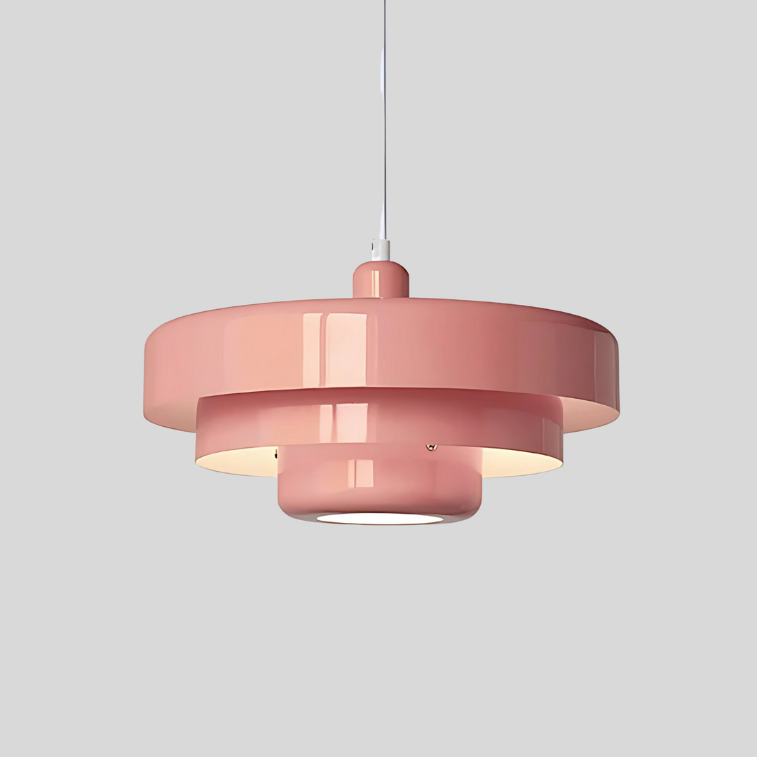 "Retro taklampa i rustik industriell stil med rund metallskärm, justerbar längd, Bauhaus-design i olika färger."