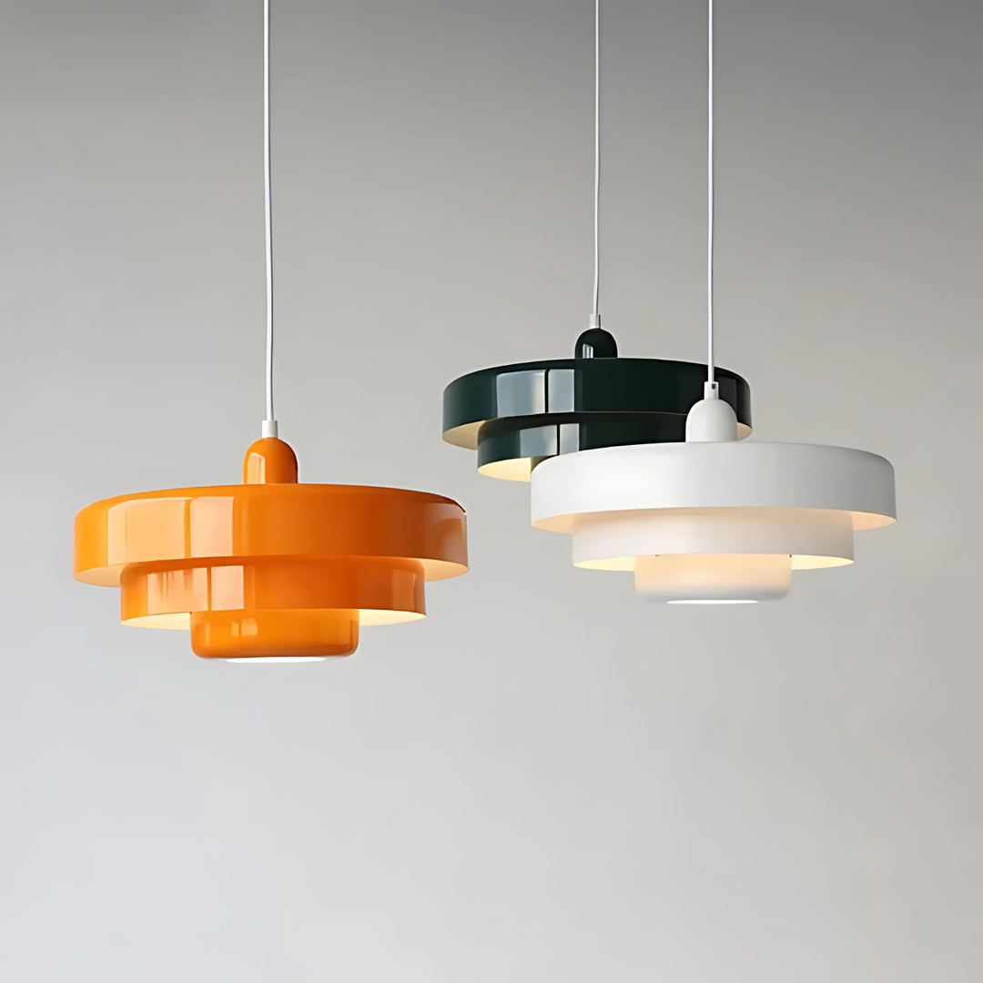 "Retro taklampa i rustik industriell stil med rund metallskärm, justerbar längd, Bauhaus-design i olika färger."