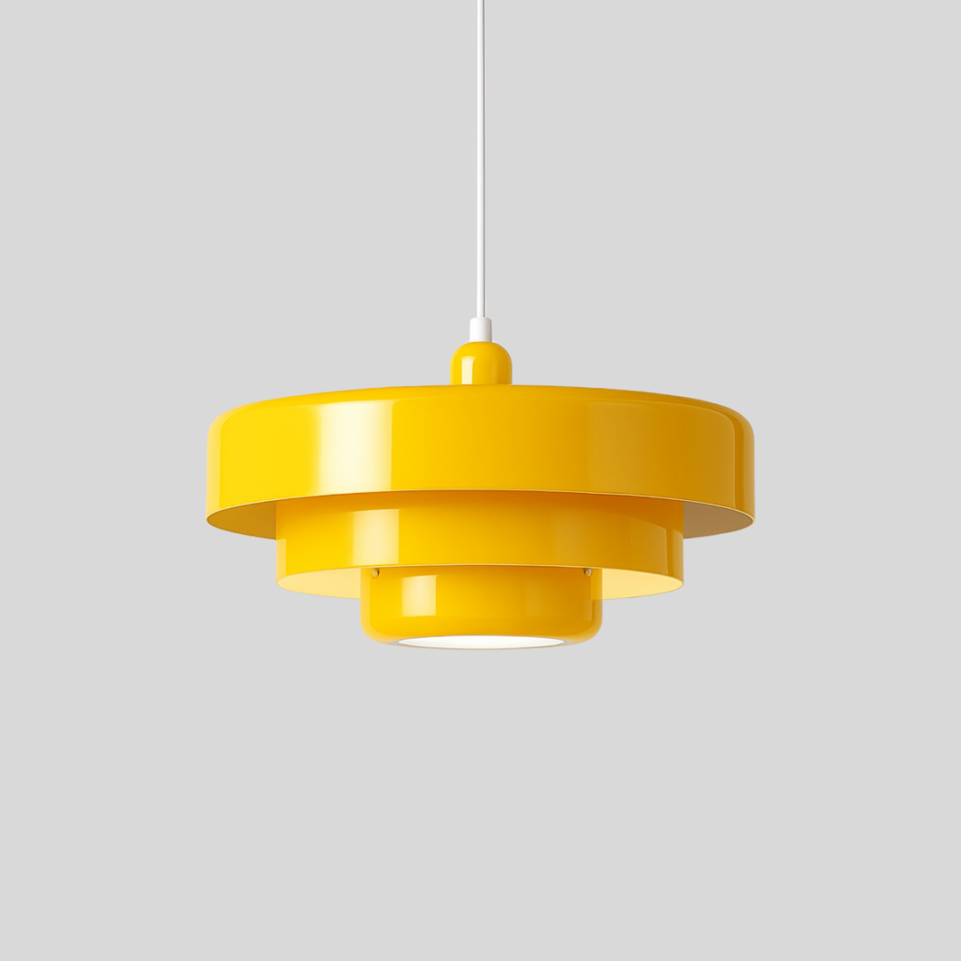 "Retro taklampa i rustik industriell stil med rund metallskärm, justerbar längd, Bauhaus-design i olika färger."