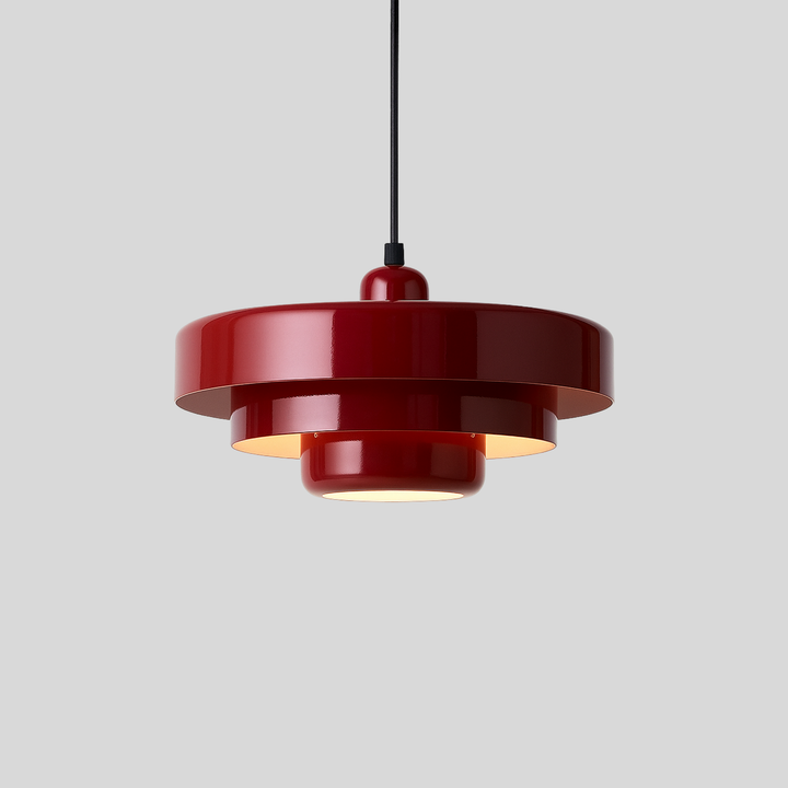 "Retro taklampa i rustik industriell stil med rund metallskärm, justerbar längd, Bauhaus-design i olika färger."