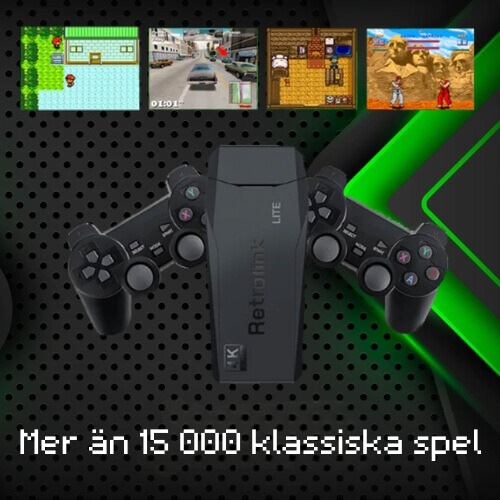 RetroPlug Konsol med spelkontroller, erbjuder 15 000 retrotitlar. Perfekt för nostalgiska spelkvällar framför TV:n.