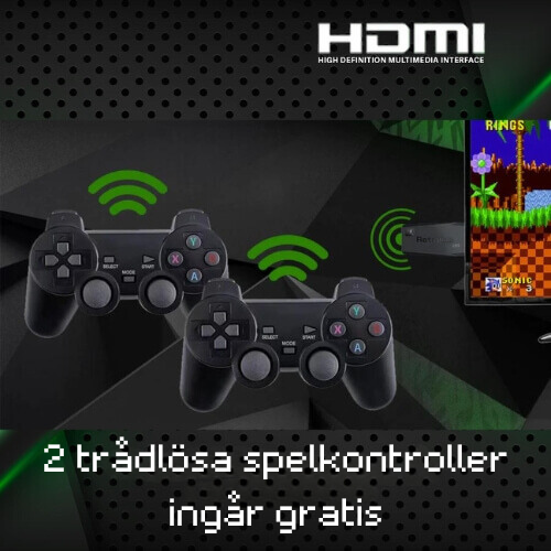 RetroPlug Konsol med spelkontroller, erbjuder 15 000 retrotitlar. Perfekt för nostalgiska spelkvällar framför TV:n.