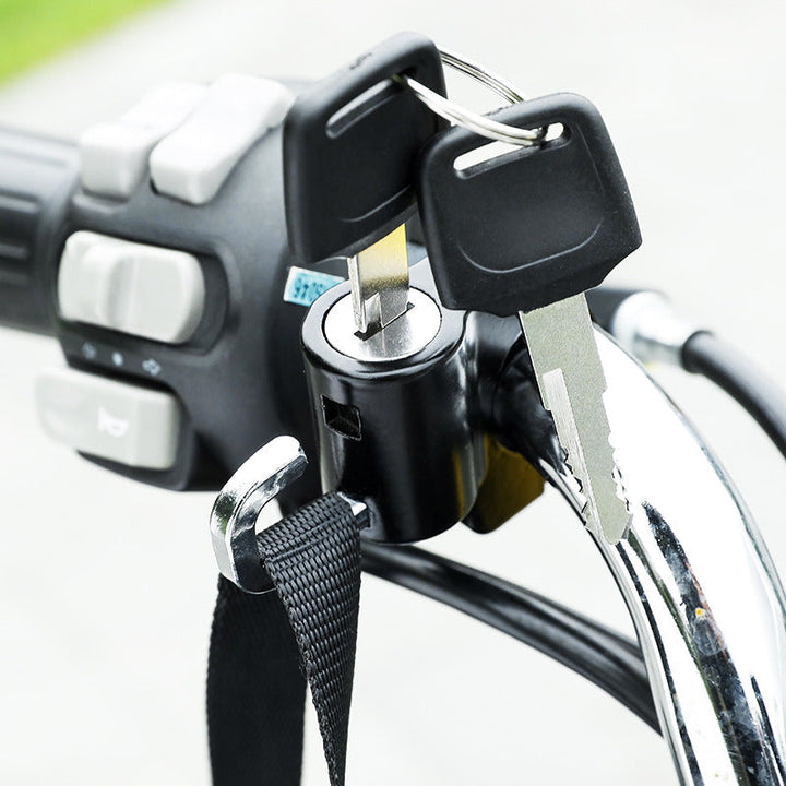 "Robust hjälmlås i aluminiumlegering, passar alla hjälmar, enkel installation på motorcyklar och cyklar."