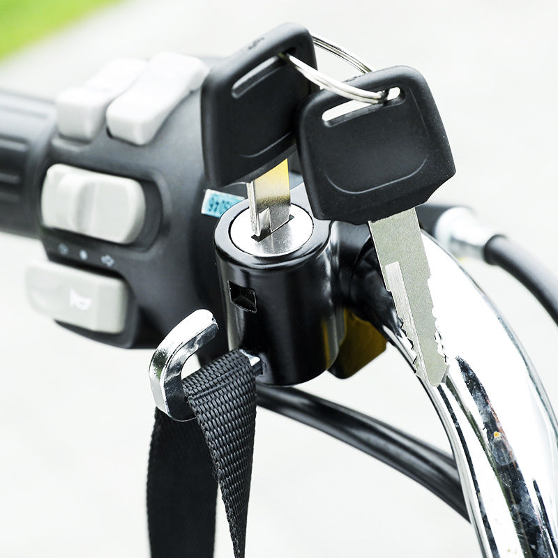 "Robust hjälmlås i aluminiumlegering, passar alla hjälmar, enkel installation på motorcyklar och cyklar."