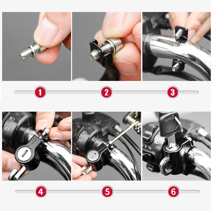 "Robust hjälmlås i aluminiumlegering, passar alla hjälmar, enkel installation på motorcyklar och cyklar."