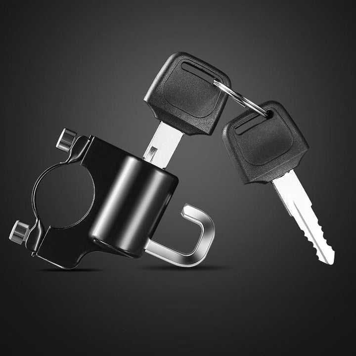 "Robust hjälmlås i aluminiumlegering, passar alla hjälmar, enkel installation på motorcyklar och cyklar."