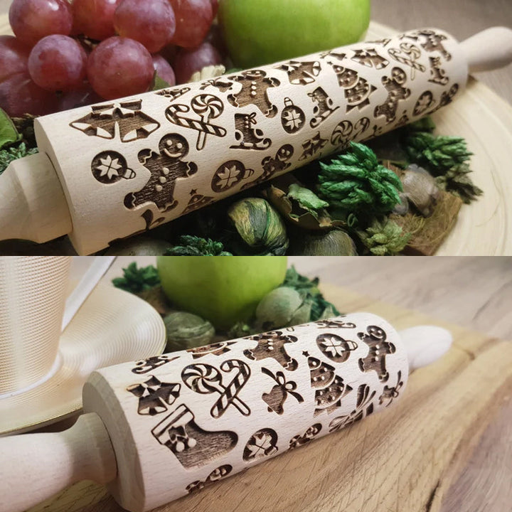 "Robust och hållbar pepparkakskavel i trä med unika mönster, perfekt för kreativa bakverk och stabil användning."