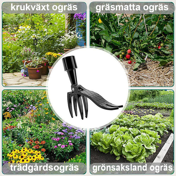 Robust ogräsdragare med ergonomiskt bambuhandtag och 5-klo design i metall för effektiv ogräsborttagning i trädgården.