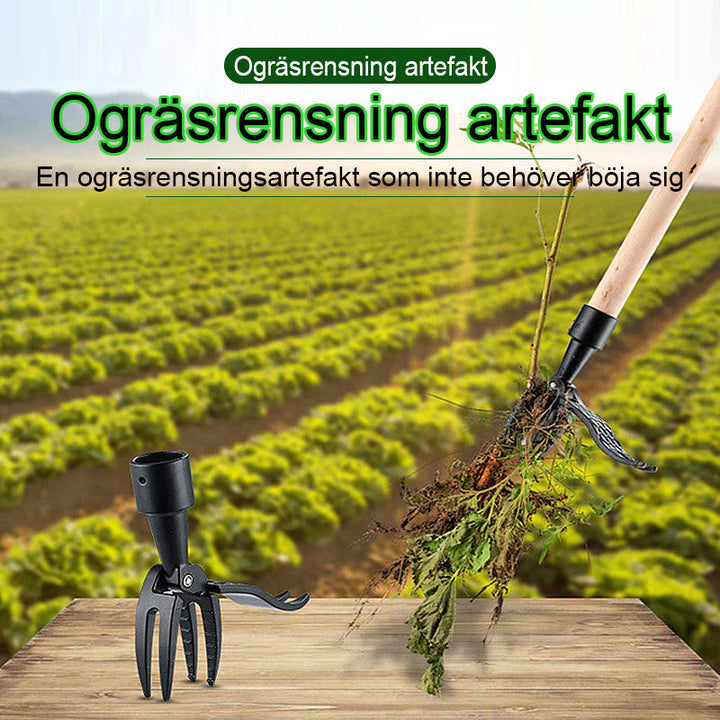 Robust ogräsdragare med ergonomiskt bambuhandtag och 5-klo design i metall för effektiv ogräsborttagning i trädgården.
