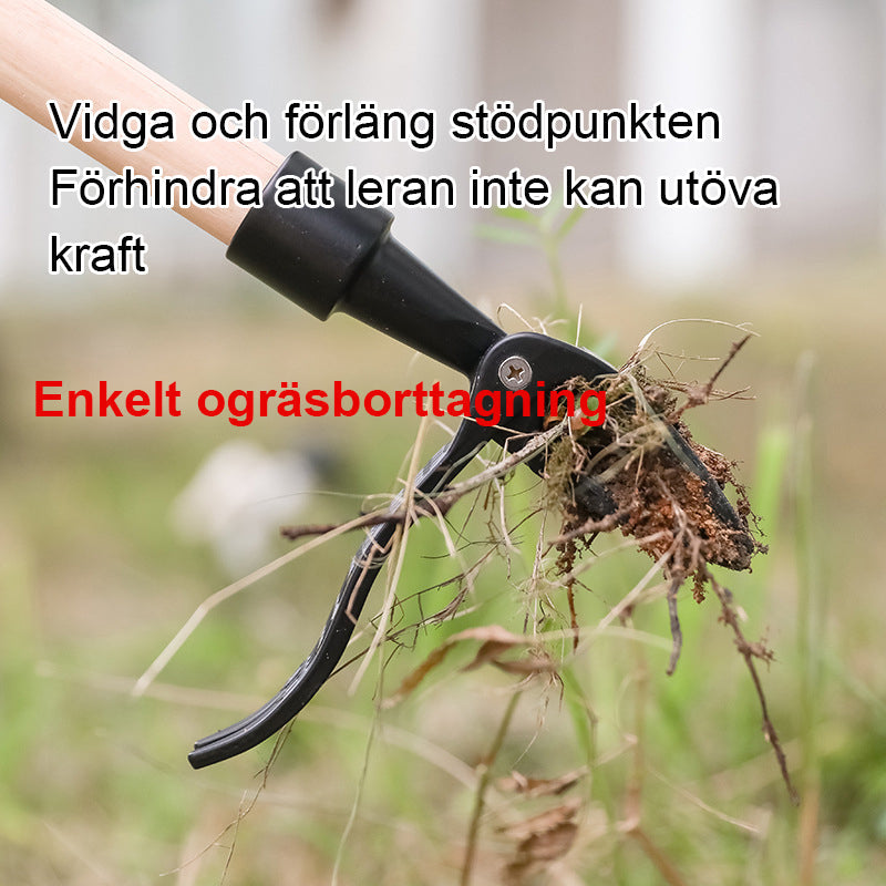 Robust ogräsdragare med ergonomiskt bambuhandtag och 5-klo design i metall för effektiv ogräsborttagning i trädgården.