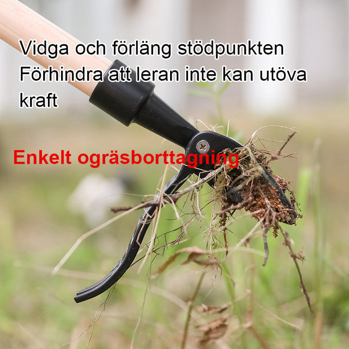 Robust ogräsdragare med ergonomiskt bambuhandtag och 5-klo design i metall för effektiv ogräsborttagning i trädgården.
