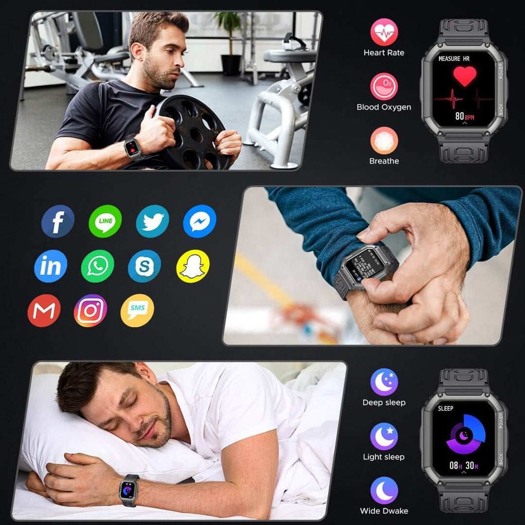 "Robust smartklocka med svart band, stor pekskärm och teknik för 30 sportlägen, hållbar IP67-certifierad design."