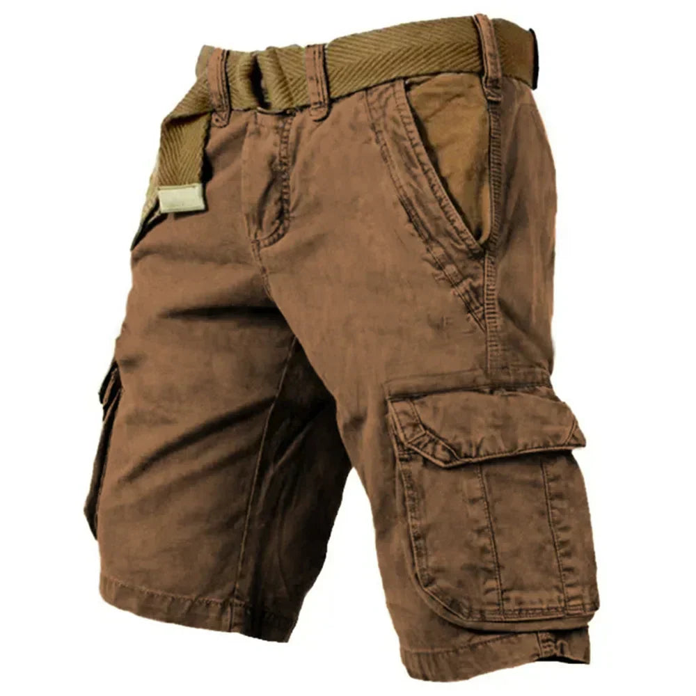 "Robusta cargo shorts för män med flera fickor, justerbar midja, beige färg. Perfekta för vardag och äventyr."