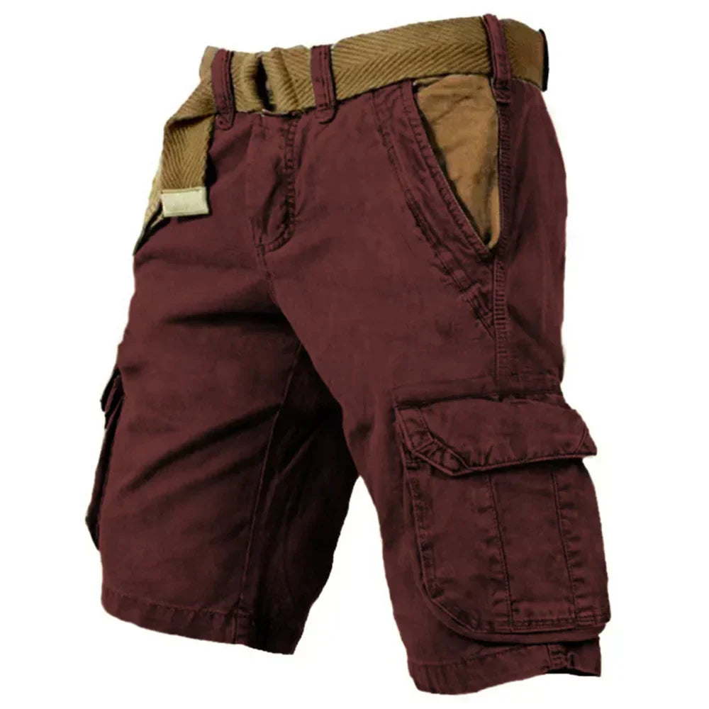 "Robusta cargo shorts för män med flera fickor, justerbar midja, beige färg. Perfekta för vardag och äventyr."