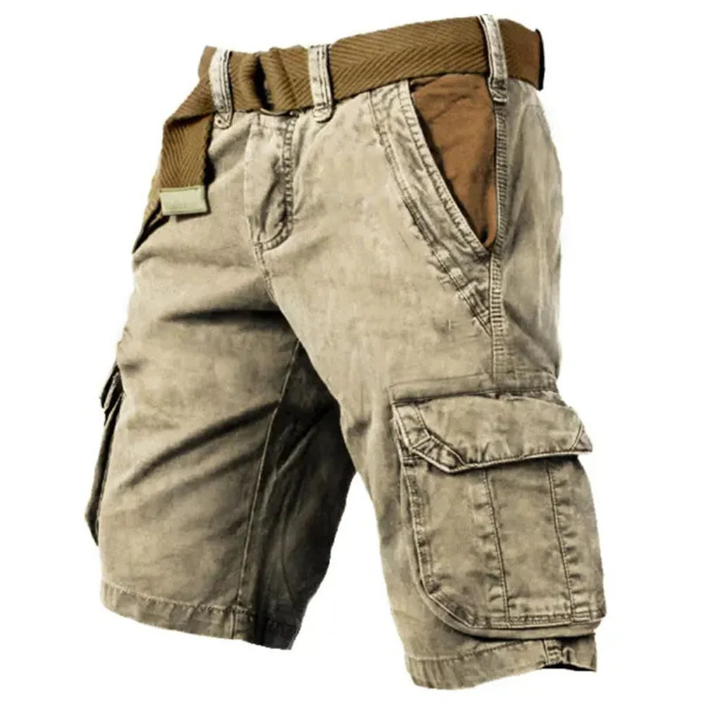 "Robusta cargo shorts för män med flera fickor, justerbar midja, beige färg. Perfekta för vardag och äventyr."