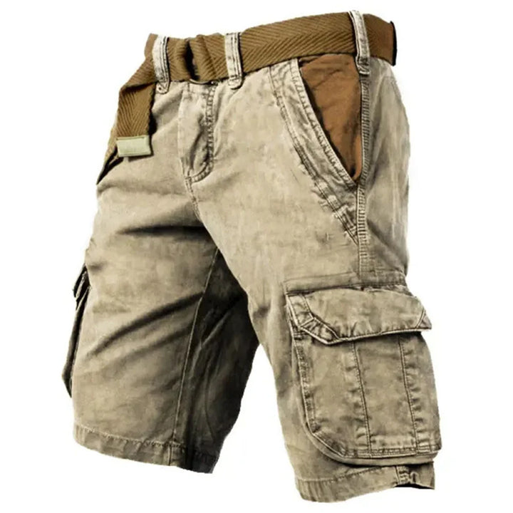 "Robusta cargo shorts för män med flera fickor, justerbar midja, beige färg. Perfekta för vardag och äventyr."