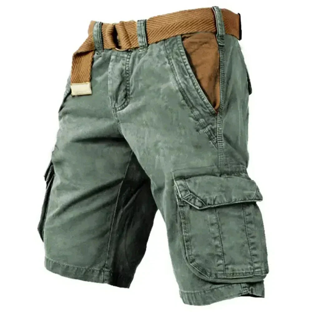 "Robusta cargo shorts för män med flera fickor, justerbar midja, beige färg. Perfekta för vardag och äventyr."